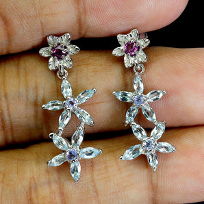 925 Sterling Silver Earrings Marquise Sky Blue Topaz Rhodolite Gemstone Jewelry