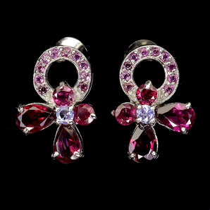 925 Sterling Silver Earrings Pear Rhodolite Garnet Tanzanite Gemstone Jewelry
