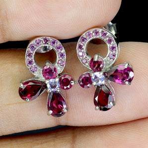 925 Sterling Silver Earrings Pear Rhodolite Garnet Tanzanite Gemstone Jewelry