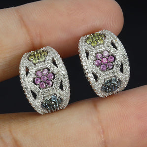 925 Sterling Silver Earrings Sapphire Round Diamond Cut Topaz Gemstone Jewelry