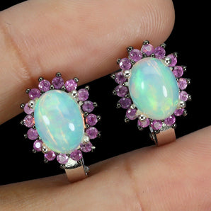 925 Sterling Silver Earrings Oval Fire Opal 8x6mm Sapphire Gemstone Jewelry