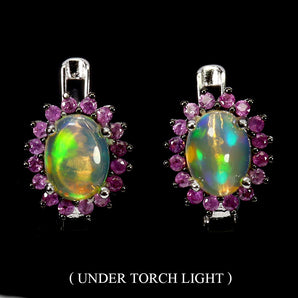 925 Sterling Silver Earrings Oval Fire Opal 8x6mm Sapphire Gemstone Jewelry