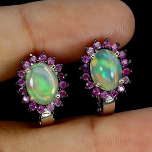 925 Sterling Silver Earrings Oval Fire Opal 8x6mm Sapphire Gemstone Jewelry
