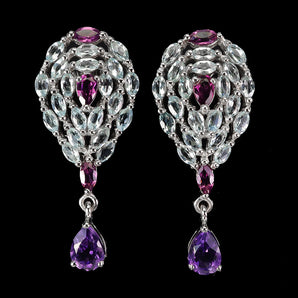 925 Sterling Silver Earrings Pear Amethyst Rhodolite Blue Topaz Gemstone Jewelry