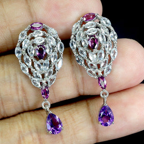 925 Sterling Silver Earrings Pear Amethyst Rhodolite Blue Topaz Gemstone Jewelry