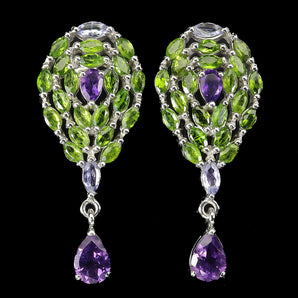 925 Sterling Silver Earrings Pear Amethyst Chrome Diopside Gemstone Jewelry