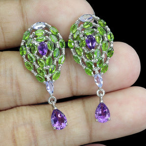 925 Sterling Silver Earrings Pear Amethyst Chrome Diopside Gemstone Jewelry