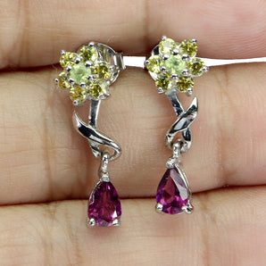 925 Sterling Silver Earrings Pear Rhodolite Peridot Sapphire Gemstone Jewelry
