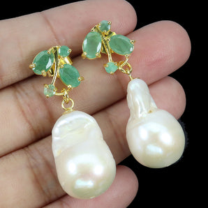 925 Sterling Silver Earrings Oval Emerald 6x4mm Pearl Natural Gemstone Jewelry