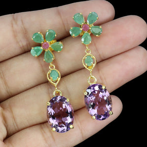925 Sterling Silver Earrings Oval Amethyst 14x10mm Emerald Ruby Gemstone Jewelry