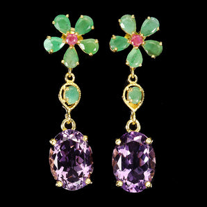 925 Sterling Silver Earrings Oval Amethyst 14x10mm Emerald Ruby Gemstone Jewelry