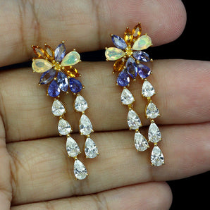 925 Sterling Silver Earrings Pear Fire Opal 5x3mm Tanzanite Gemstone Jewelry
