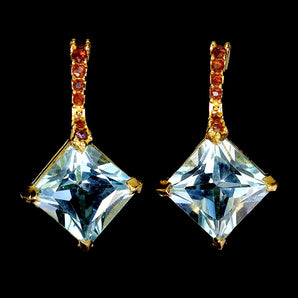 925 Sterling Silver Earrings Square Sky Blue Topaz 10mm Rhodolite Gemstone