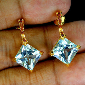 925 Sterling Silver Earrings Square Sky Blue Topaz 10mm Rhodolite Gemstone