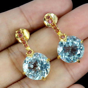 925 Sterling Silver Earrings Round Sky Blue Topaz 11mm Rhodolite Garnet Gemstone
