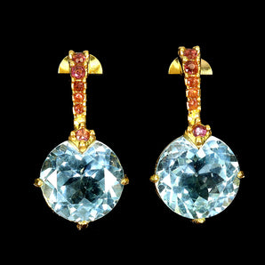 925 Sterling Silver Earrings Round Sky Blue Topaz 11mm Rhodolite Garnet Gemstone