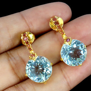 925 Sterling Silver Earrings Round Sky Blue Topaz 11mm Rhodolite Garnet Gemstone