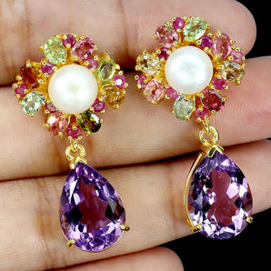 925 Sterling Silver Earrings Pear Amethyst 14x10mm Pearl Tourmaline Gemstone