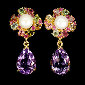 925 Sterling Silver Earrings Pear Amethyst 14x10mm Pearl Tourmaline Gemstone