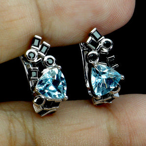 925 Sterling Silver Earrings Trilliant Blue Topaz 6mm Spinel Gemstone Jewelry