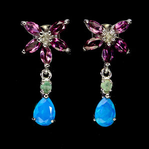 925 Sterling Silver Earrings Pear Blue Opal Emerald Rhodolite Gemstone Jewelry