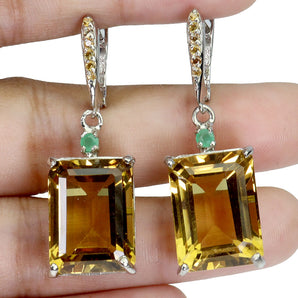 925 Sterling Silver Earrings Octagon Citrine 30ct Emerald Handmade Gemstone