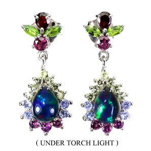 925 Sterling Silver Earrings Pear Black Opal 8x6mm Tanzanite Gemstone Jewelry
