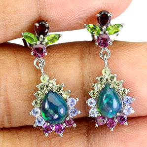 925 Sterling Silver Earrings Pear Black Opal 8x6mm Tanzanite Gemstone Jewelry