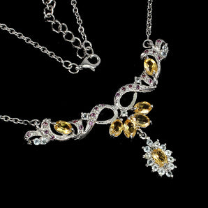 Unheated Oval Citrine 6x4mm Aquamarine Rhodolite 925 Sterling Silver Necklace 18