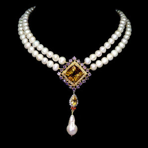 925 Sterling Silver Necklace Citrine 26ct Pearl Handmade Gemstone Jewelry