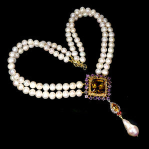 925 Sterling Silver Necklace Citrine 26ct Pearl Handmade Gemstone Jewelry