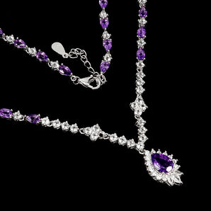 925 Sterling Silver Necklace Pear Amethyst 8x6mm Topaz Natural Gemstone Jewelry
