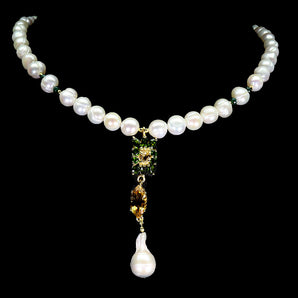 925 Sterling Silver Necklace Marquise Citrine 14x7mm Pearl Gemstone Jewelry 17.5