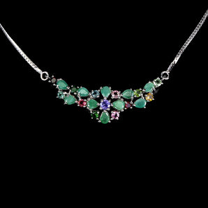 925 Sterling Silver Necklace Pear Emerald Tanzanite Tourmaline Gemstone 19inches