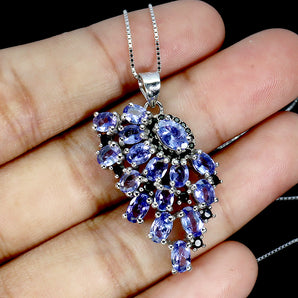 925 Sterling Silver Necklace Oval Tanzanite Black Spinel Gemstone Jewelry 18in