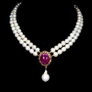 925 Sterling Silver Necklace Oval Ruby 19x15mm Pearl Gemstone Jewelry 16.5inches