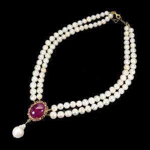 925 Sterling Silver Necklace Oval Ruby 19x15mm Pearl Gemstone Jewelry 16.5inches