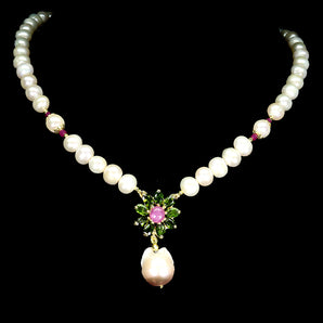 925 Sterling Silver Necklace Oval Ruby 7x6mm Chrome Diopside Pearl Gemstone 18in