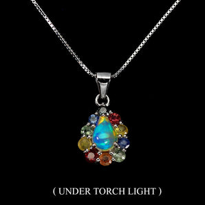 925 Sterling Silver Necklace Pear Fire Opal 7x5mm Sapphire Gemstone Jewelry 18in