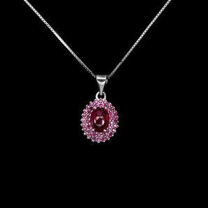 925 Sterling Silver Necklace Oval Ruby 7x5mm Ruby Diamond Cut Gemstone 18inches