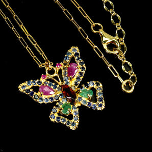 925 Sterling Silver Necklace Marquise Citrine Emerald Ruby Gemstone Jewelry 17in