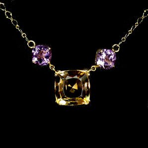 925 Sterling Silver Necklace Cushion Citrine 15mm Amethyst Handmade Gemstone 17