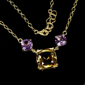 925 Sterling Silver Necklace Cushion Citrine 15mm Amethyst Handmade Gemstone 17