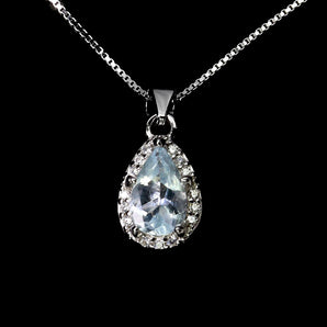 925 Sterling Silver Necklace Pear Aquamarine 7x5mm Gemstone Jewelry 18inches
