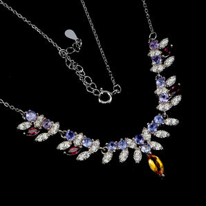 925 Sterling Silver Necklace Marquise Citrine Rhodolite Tanzanite Gemstone 17in
