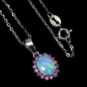 925 Sterling Silver Necklace Oval Fire Opal 8x6mm Sapphire Gemstone Jewelry 18in