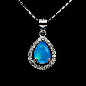 925 Sterling Silver Necklace Pear Blue Opal 8x6mm Natural Gemstone Jewelry 18in