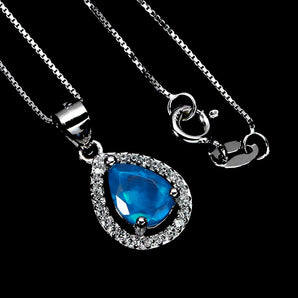 925 Sterling Silver Necklace Pear Blue Opal 8x6mm Natural Gemstone Jewelry 18in
