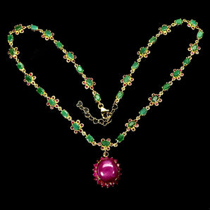 925 Sterling Silver Necklace Oval Ruby 16x14mm Emerald Gemstone Jewelry 18 Inch