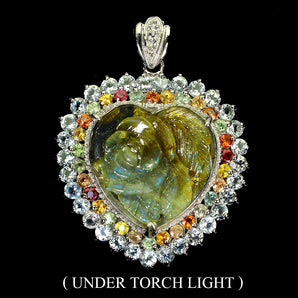 925 Sterling Silver Pendant Flower Carving Labradorite 25 Mm Sapphire Handmade